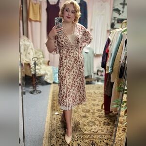 Cream Silk Dress with Rust Floral Print